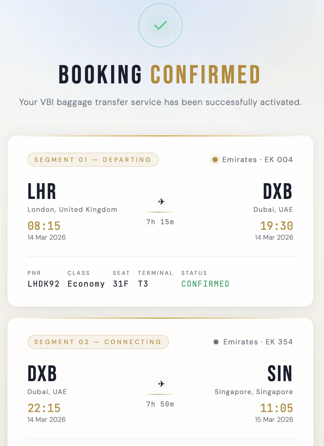 VBI booking confirmation with flight segments